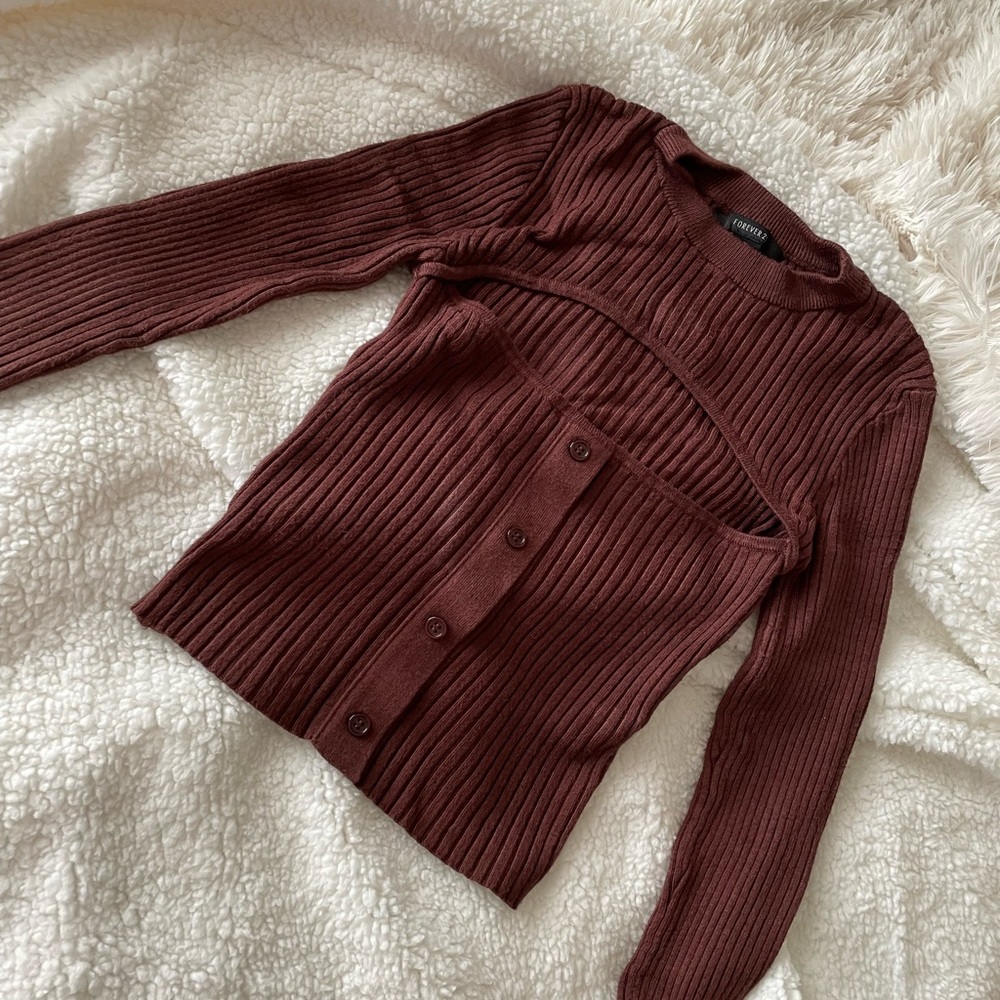 Brown long sleeve front cut-out top